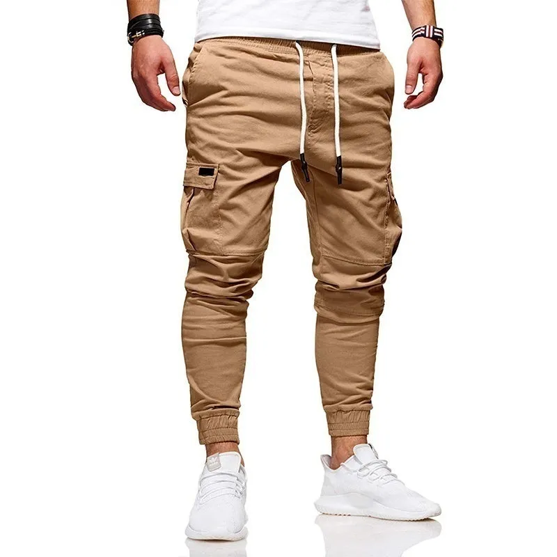 Men's autumn thin cotton casual trousers in khaki, 100% cotton fabric, side view