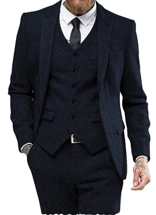 Men's three-piece viscose blend suit set with flat collar, two-button closure, black colour, front view