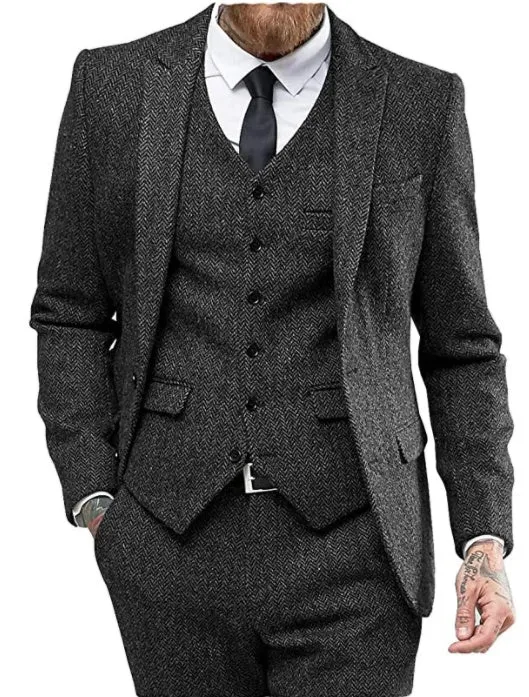 Men's three-piece viscose blend suit set with flat collar, two-button closure, black colour, front view