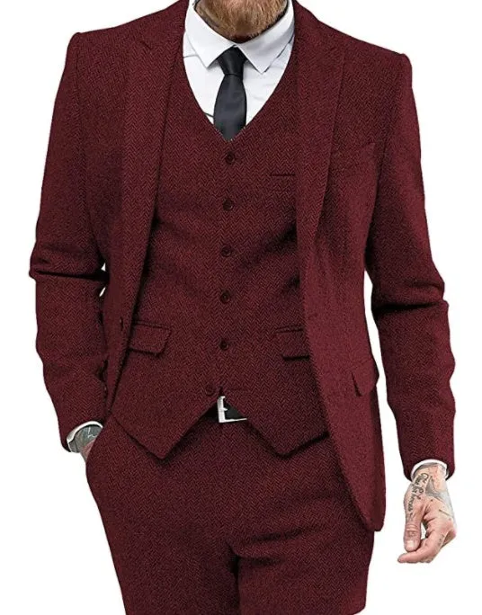 Men's three-piece viscose blend suit set with flat collar, two-button closure, black colour, front view