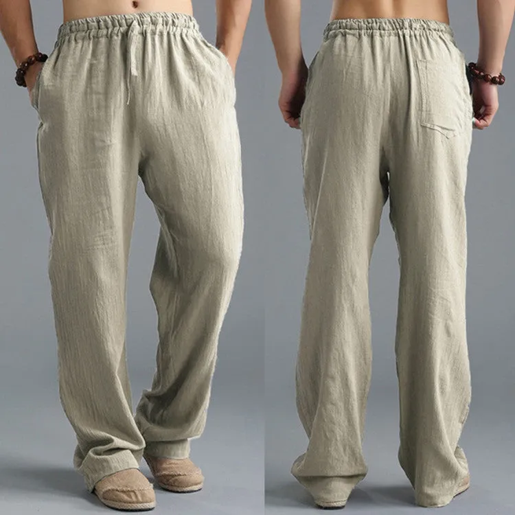 Men's linen loose casual sports pants in khaki, side view, on a hanger
