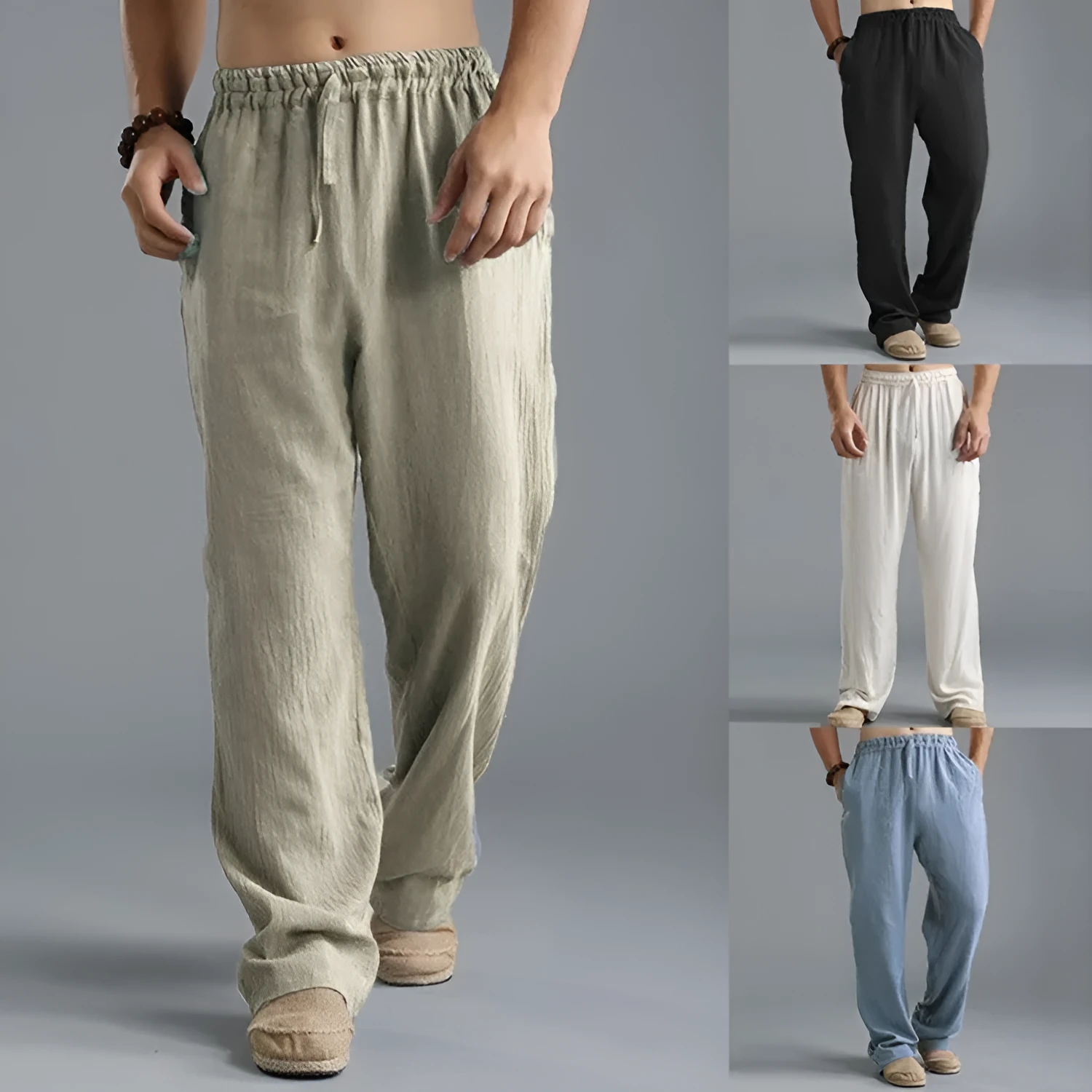 Men's linen loose casual sports pants in khaki, side view, on a hanger