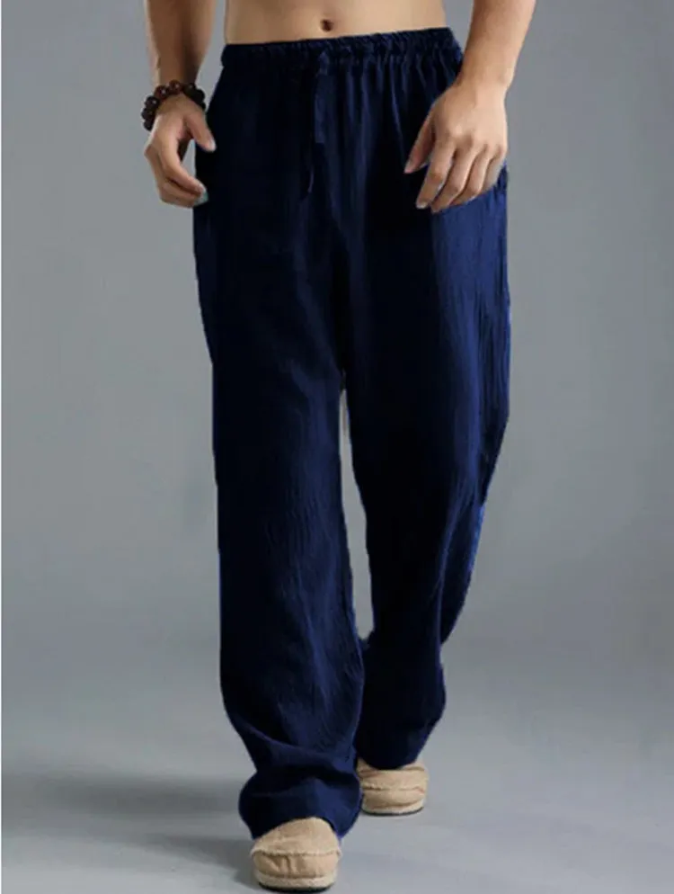 Men's linen loose casual sports pants in khaki, side view, on a hanger