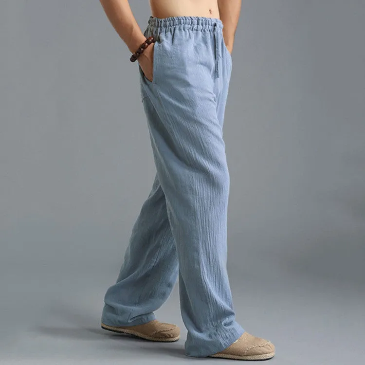 Men's linen loose casual sports pants in khaki, side view, on a hanger