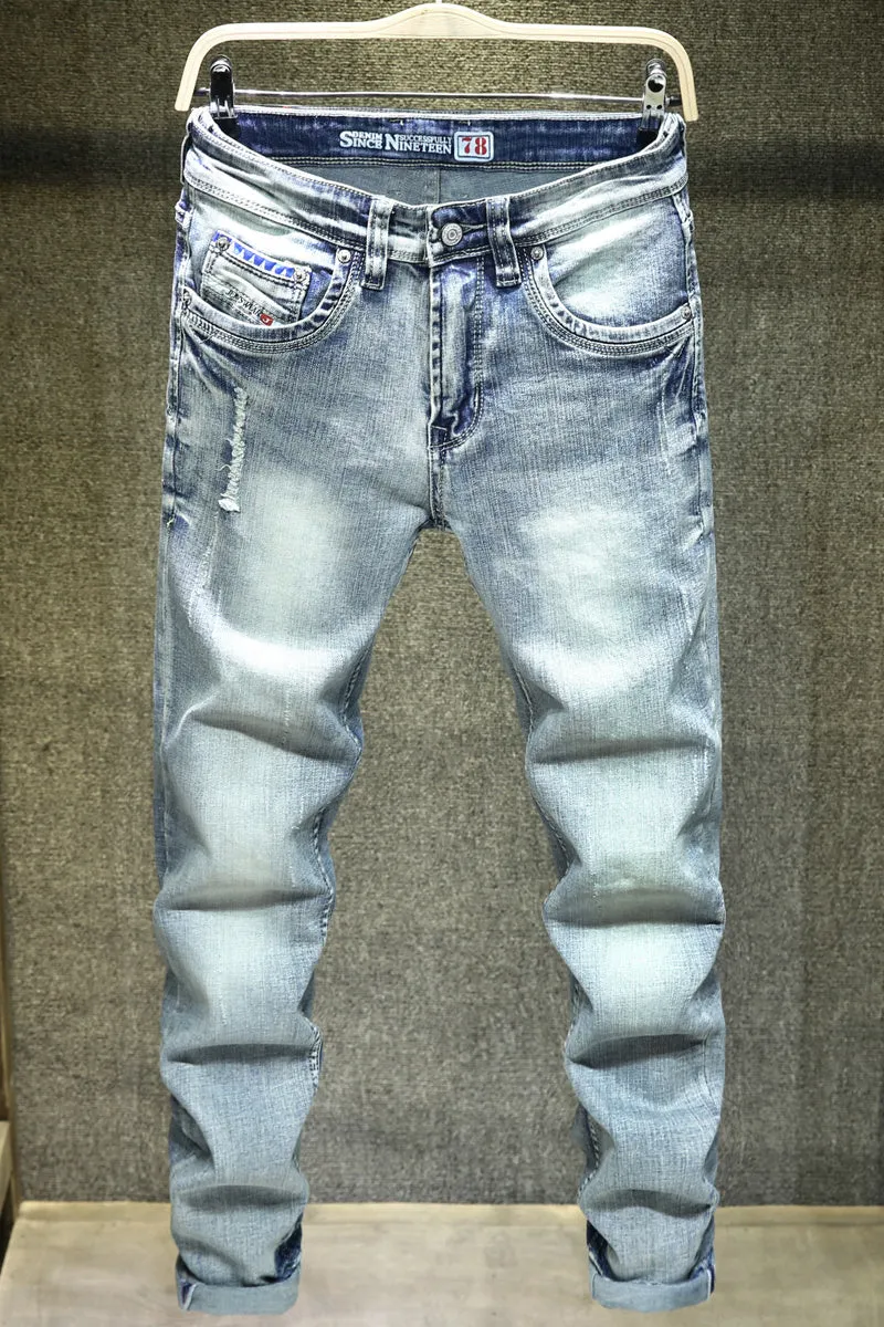 Men's light blue cotton ripped straight-leg jeans with a casual leisure style