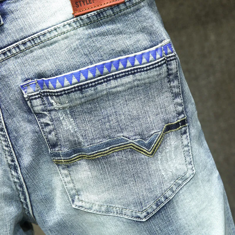 Men's light blue cotton ripped straight-leg jeans with a casual leisure style