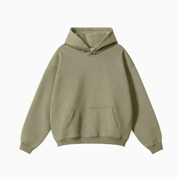 A loose grey men's cotton hooded sweater with drop-shoulder sleeves on a hanger.