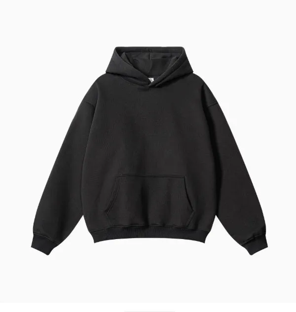 A loose grey men's cotton hooded sweater with drop-shoulder sleeves on a hanger.