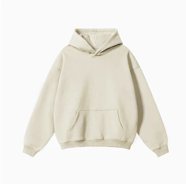 A loose grey men's cotton hooded sweater with drop-shoulder sleeves on a hanger.