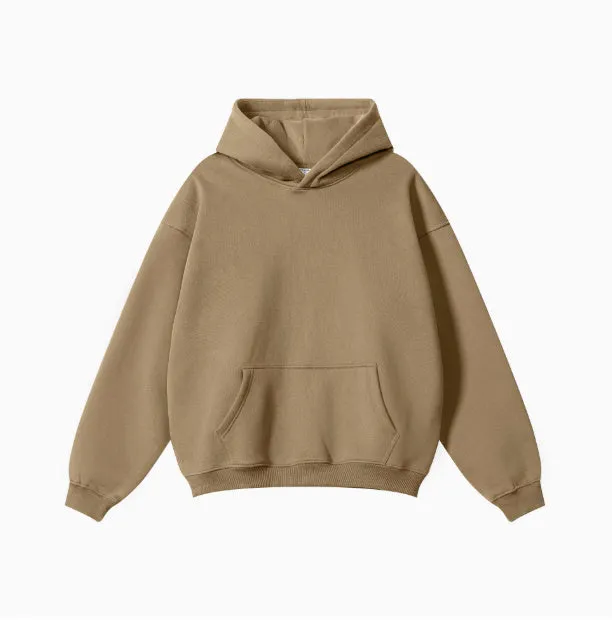 A loose grey men's cotton hooded sweater with drop-shoulder sleeves on a hanger.