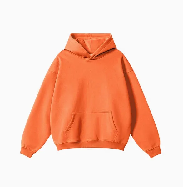 A loose grey men's cotton hooded sweater with drop-shoulder sleeves on a hanger.