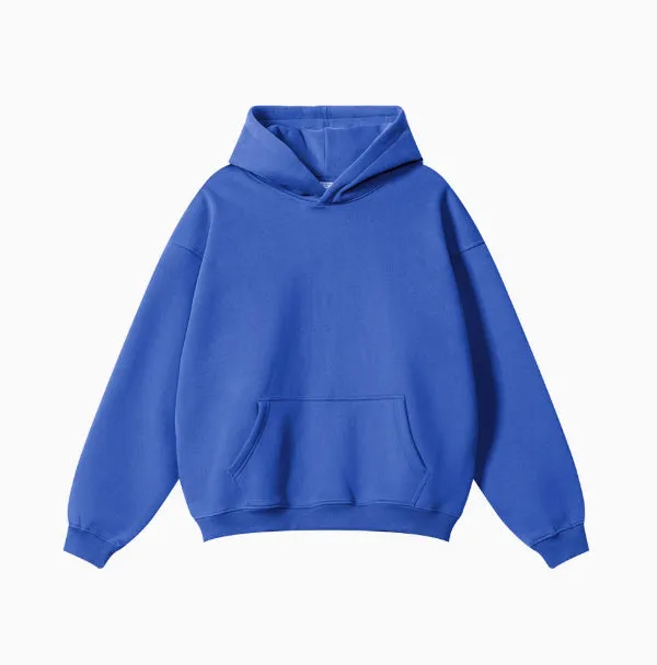 A loose grey men's cotton hooded sweater with drop-shoulder sleeves on a hanger.