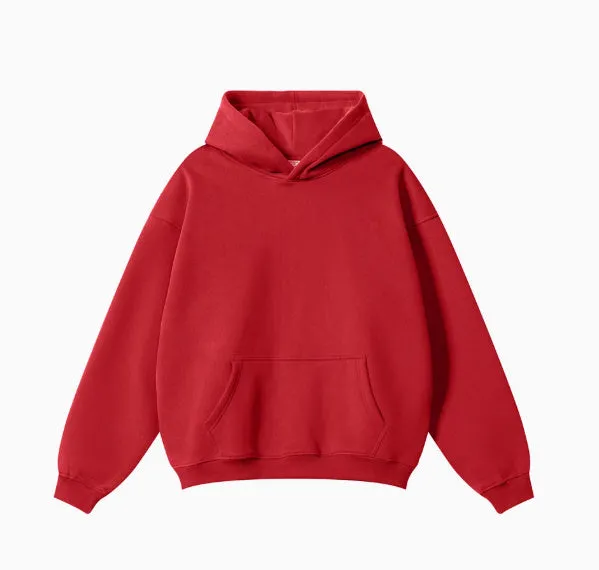 A loose grey men's cotton hooded sweater with drop-shoulder sleeves on a hanger.