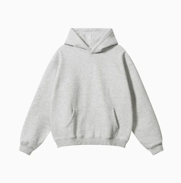 A loose grey men's cotton hooded sweater with drop-shoulder sleeves on a hanger.