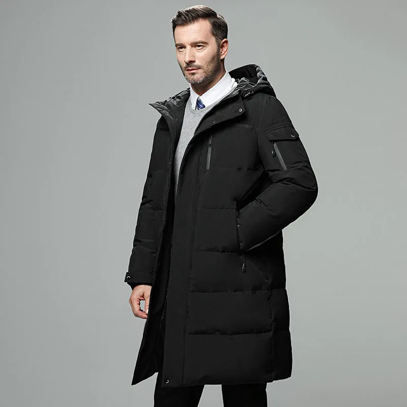 Long padded down jacket for men in black colour with white duck down filling polyester shell