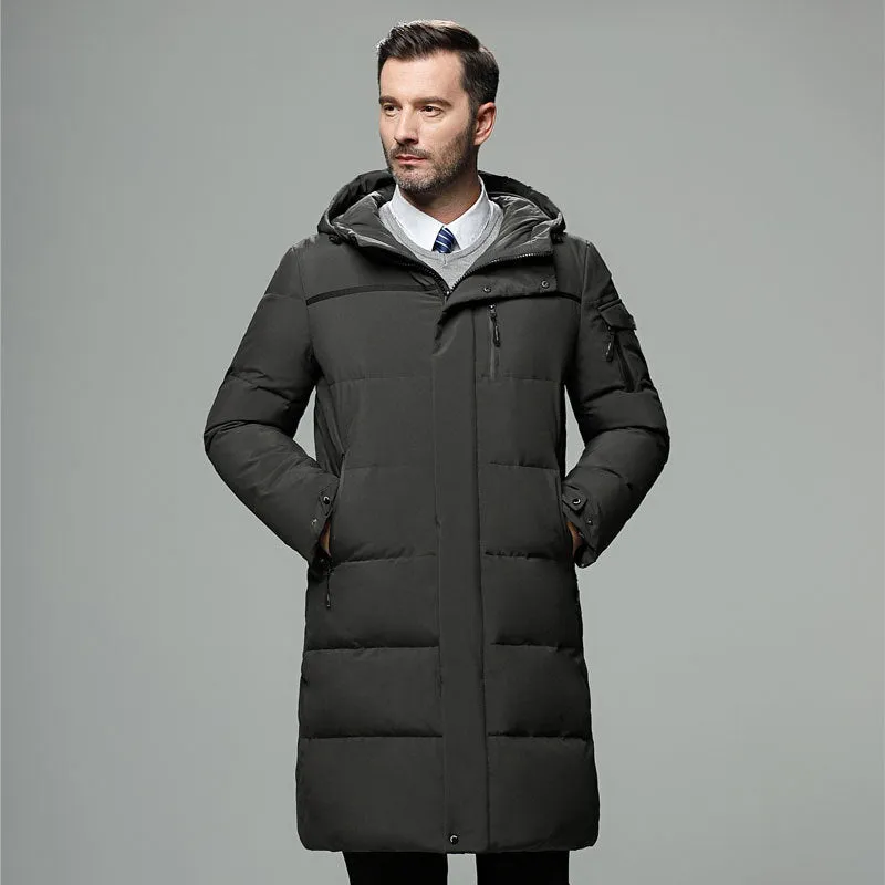 Long padded down jacket for men in black colour with white duck down filling polyester shell