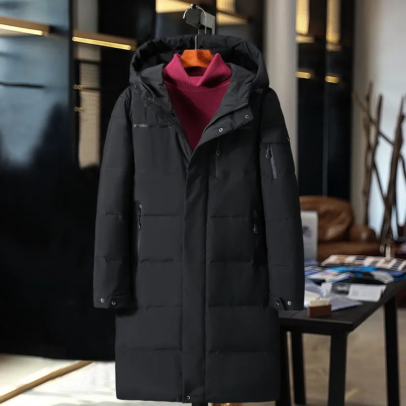 Long padded down jacket for men in black colour with white duck down filling polyester shell