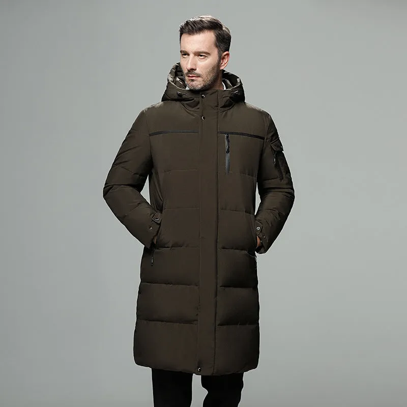 Long padded down jacket for men in black colour with white duck down filling polyester shell