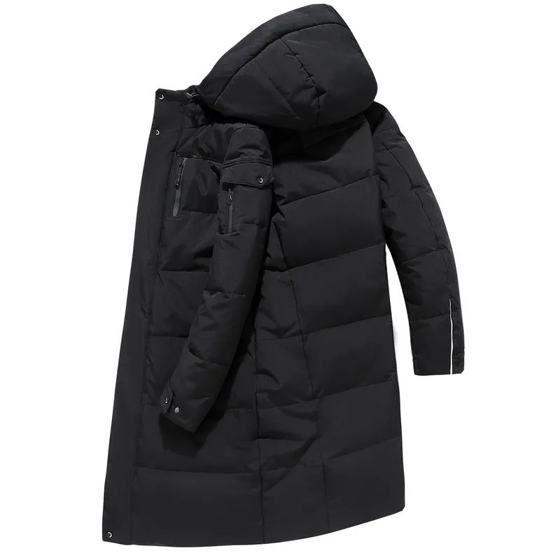 Long padded down jacket for men in black colour with white duck down filling polyester shell