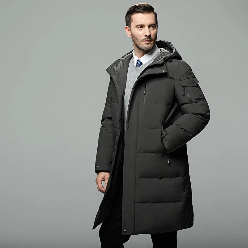 Long padded down jacket for men in black colour with white duck down filling polyester shell