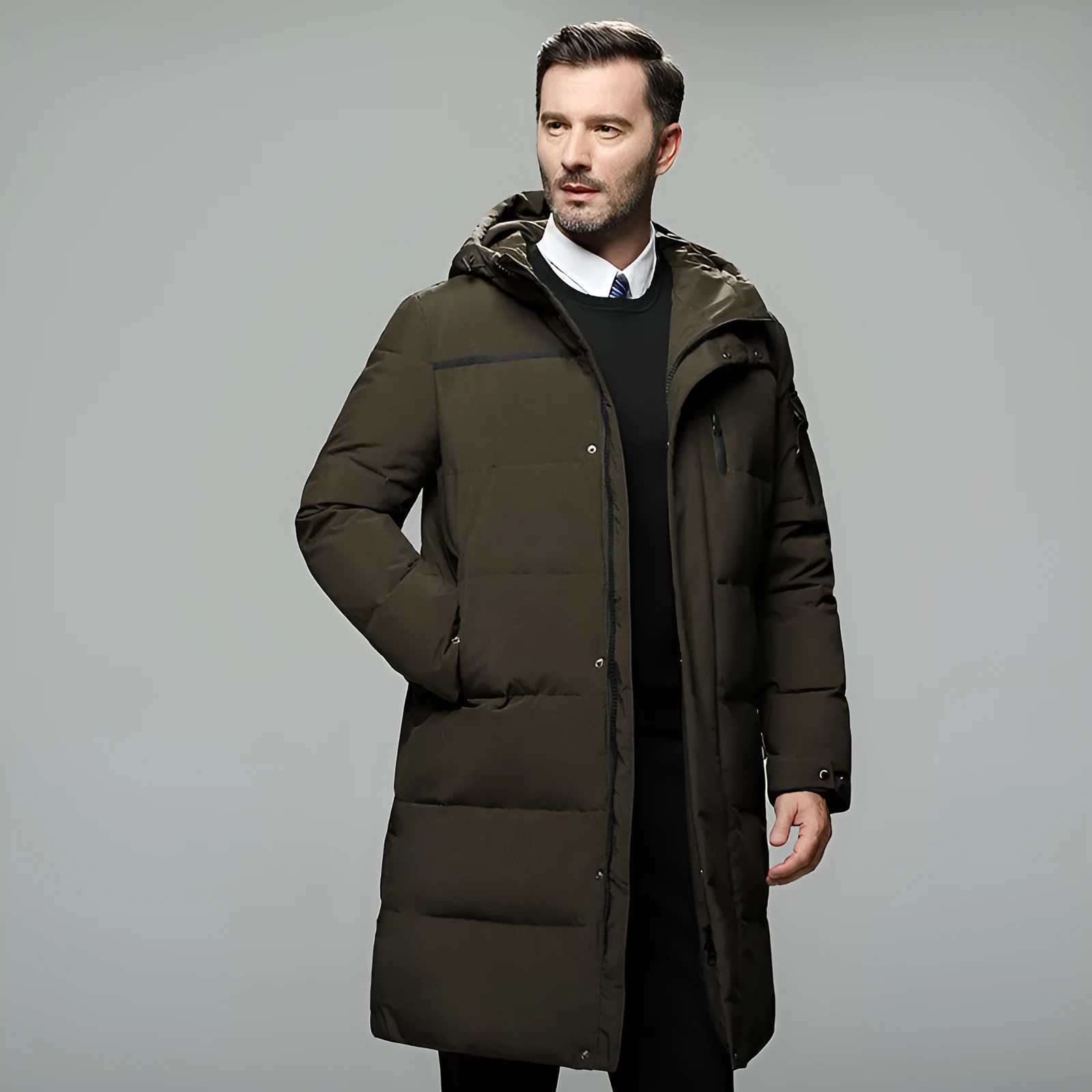 Long padded down jacket for men in black colour with white duck down filling polyester shell