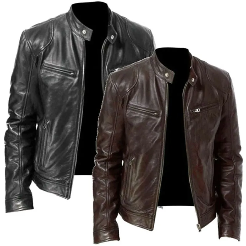 PU leather slim fit jacket in black, front view, for men and women, Asian sizing