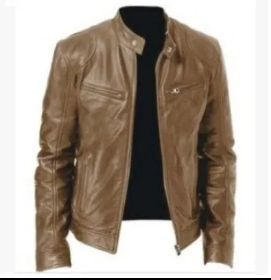 PU leather slim fit jacket in black, front view, for men and women, Asian sizing