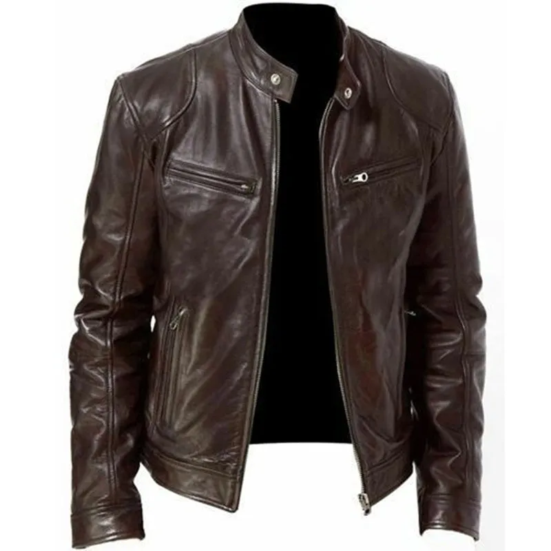 PU leather slim fit jacket in black, front view, for men and women, Asian sizing