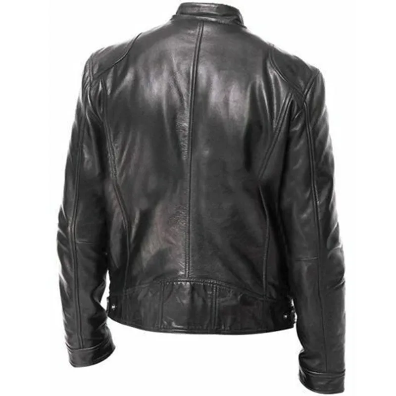 PU leather slim fit jacket in black, front view, for men and women, Asian sizing