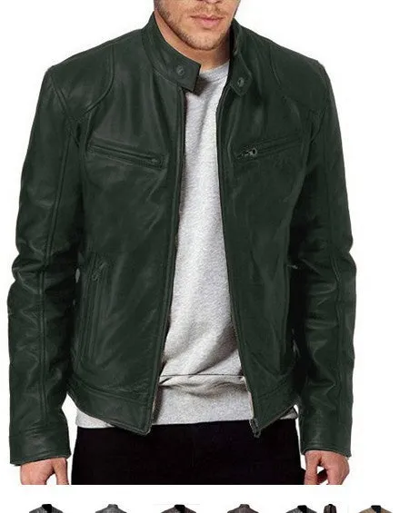 PU leather slim fit jacket in black, front view, for men and women, Asian sizing