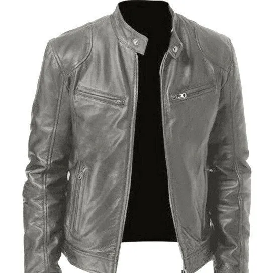 PU leather slim fit jacket in black, front view, for men and women, Asian sizing