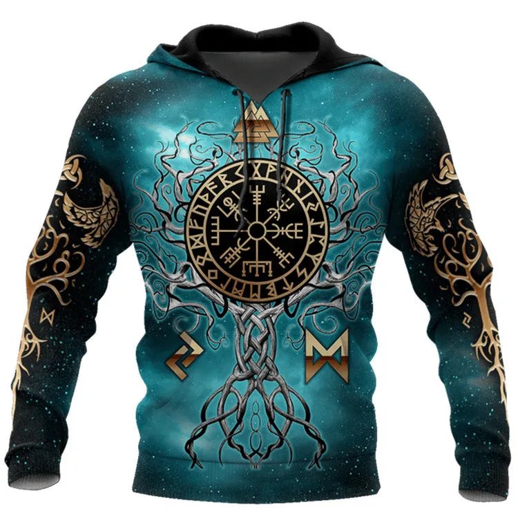 Men's animal print long sleeve pullover hoodie in polyester, round neck, street style, size S-4XL