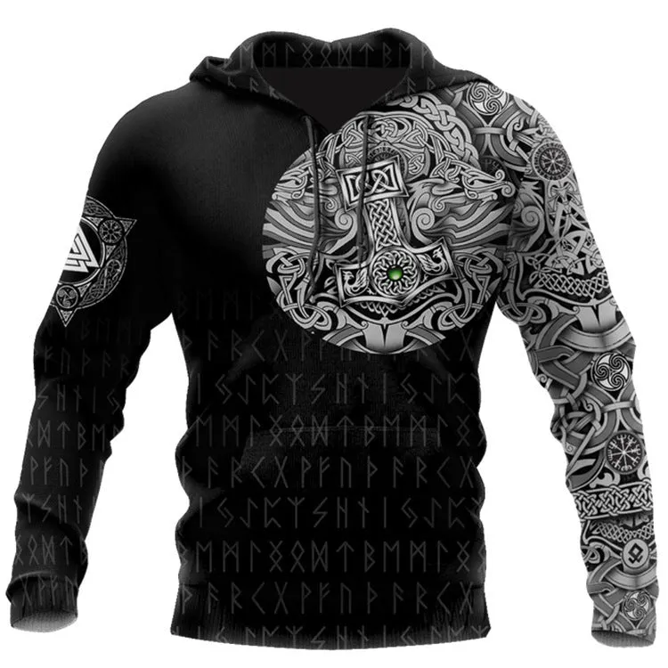 Men's animal print long sleeve pullover hoodie in polyester, round neck, street style, size S-4XL