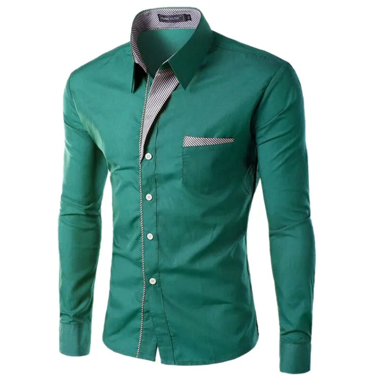 Men's cotton long sleeve colour block shirt in army green, button front, casual fit