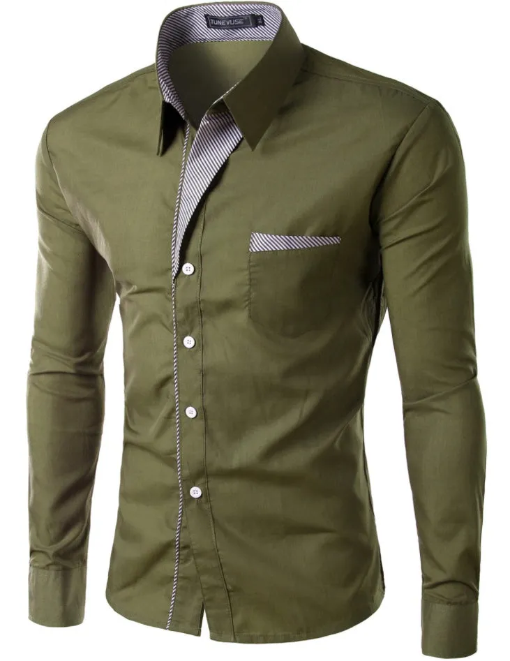 Men's cotton long sleeve colour block shirt in army green, button front, casual fit