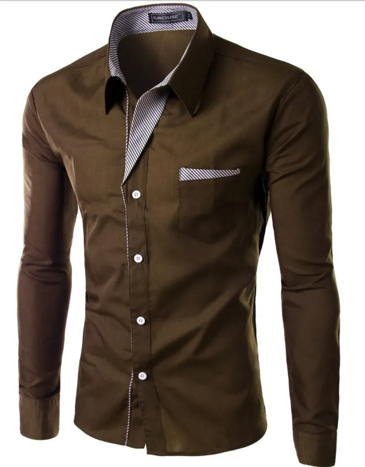 Men's cotton long sleeve colour block shirt in army green, button front, casual fit