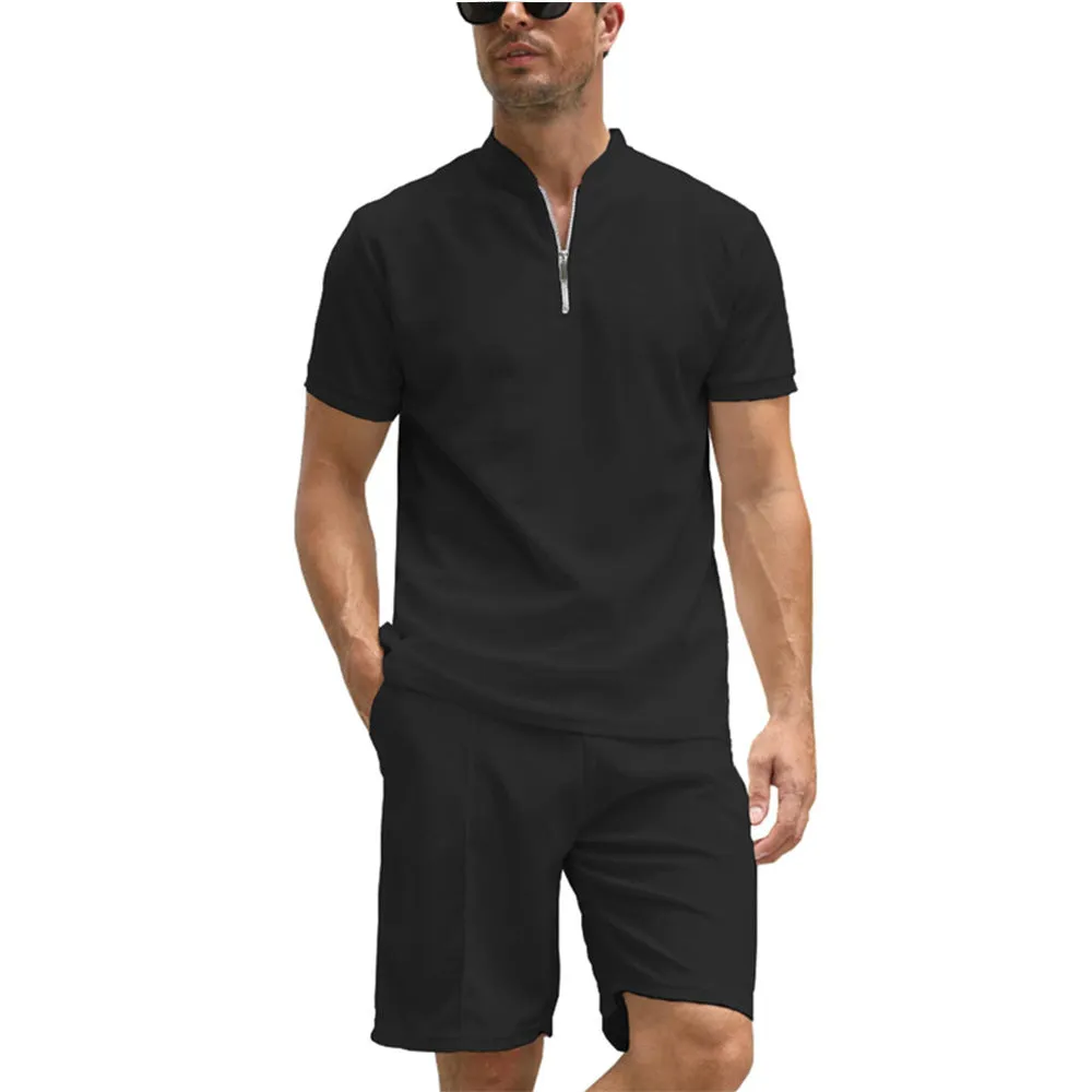 Men's solid colour polo shirt and trouser two-piece set in beaded bird's eye polyester fabric