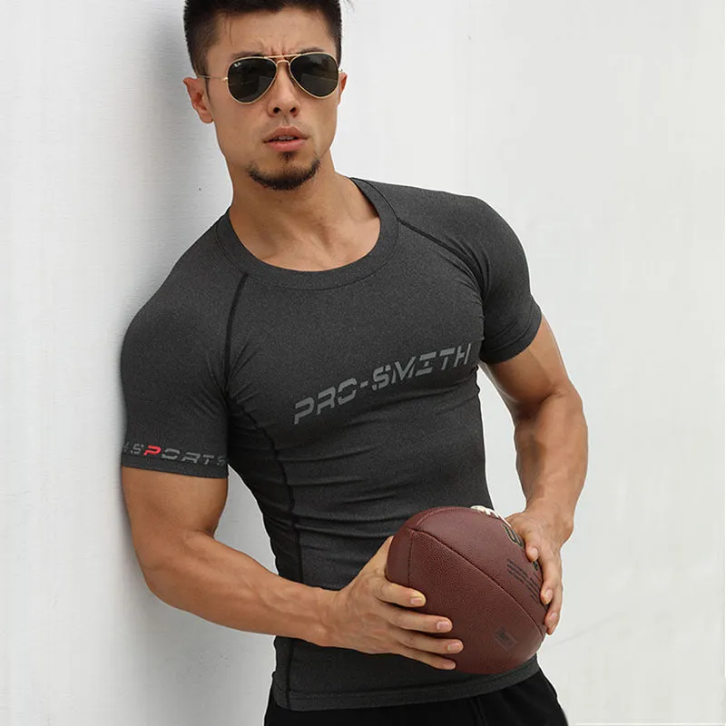 Men's polyester tight-fitting printed running top with short sleeves, available in white and grey colour options