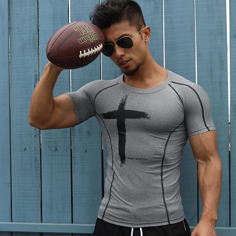 Men's polyester tight-fitting printed running top with short sleeves, available in white and grey colour options