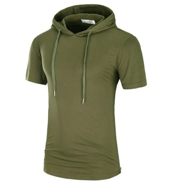 Men's regular fit cotton hooded t-shirt in army green with kangaroo pocket, front view