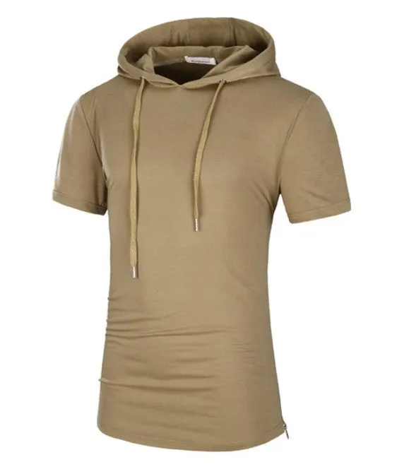 Men's regular fit cotton hooded t-shirt in army green with kangaroo pocket, front view