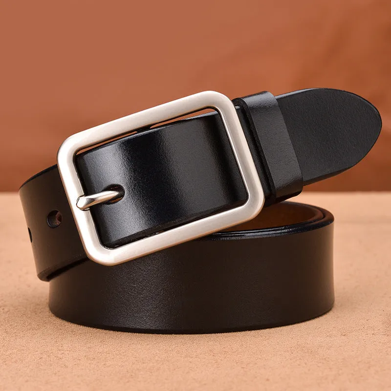 Genuine leather casual belt with rectangular alloy pin buckle in black colour
