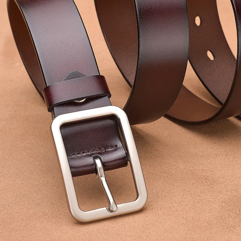 Genuine leather casual belt with rectangular alloy pin buckle in black colour
