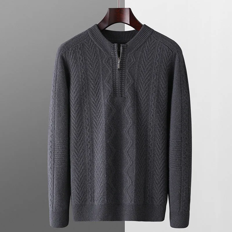 Men's grey wool half-zip sweater with diamond lattice pattern showing front zip and long sleeves