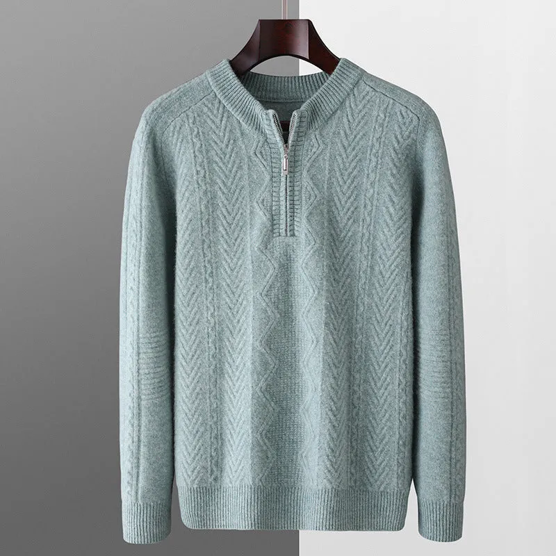 Men's grey wool half-zip sweater with diamond lattice pattern showing front zip and long sleeves