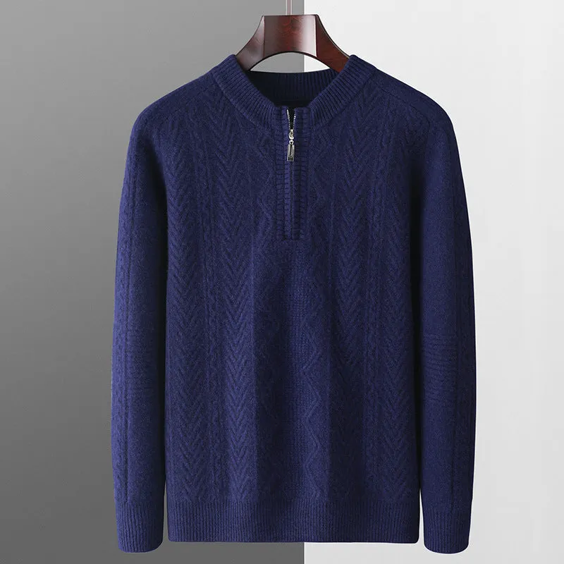 Men's grey wool half-zip sweater with diamond lattice pattern showing front zip and long sleeves