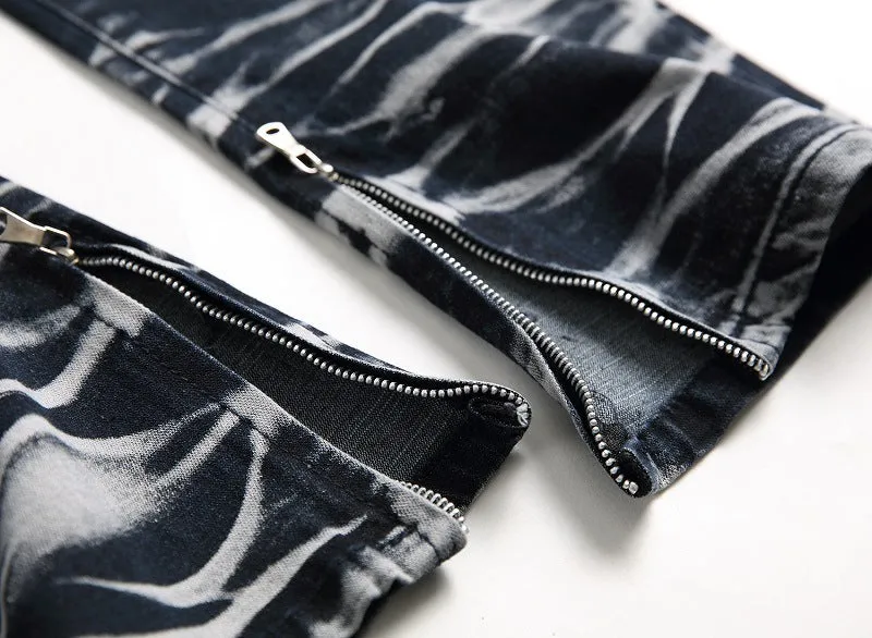 Men's blue and white faded cotton denim jeans with distressed worn finish, straight leg style