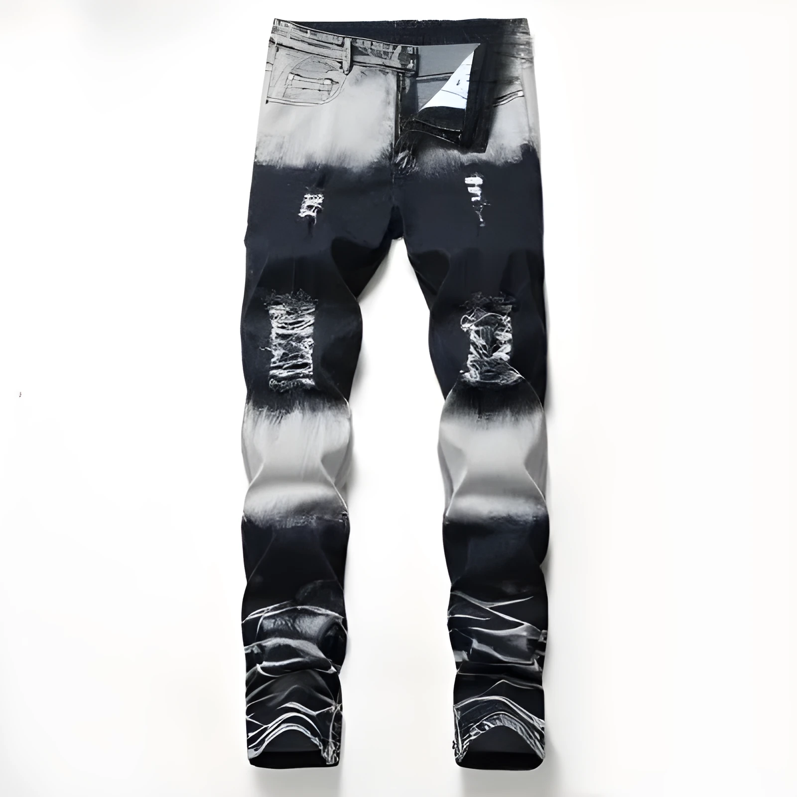 Men's blue and white faded cotton denim jeans with distressed worn finish, straight leg style