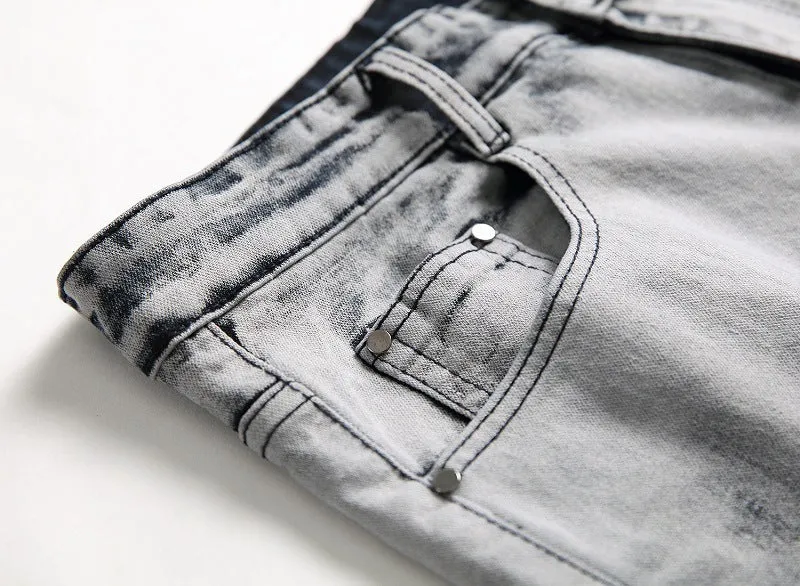 Men's blue and white faded cotton denim jeans with distressed worn finish, straight leg style