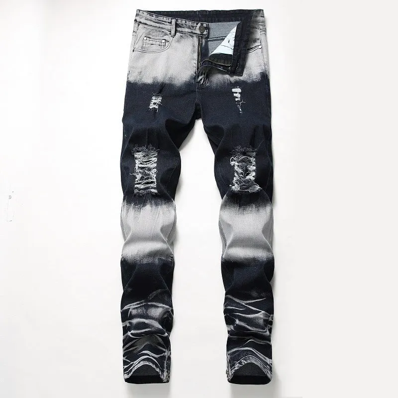 Men's blue and white faded cotton denim jeans with distressed worn finish, straight leg style